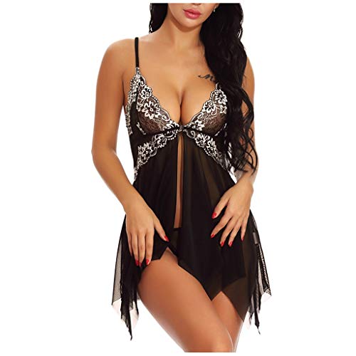 Frauen Spitze Dessous Front Closure Babydoll V Ausschnitt Nachtwäsche Sexy Chemise Nachthemd Unregelmäßige Boudoir Nighty Nachthemd Korsett Dessous für Frauen, Black, 36 von Generic