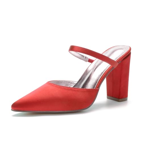 Frauen Spitze Zehenpartie Satin Pantoletten Blockabsatz Hochzeit Party Schuhe Slip-On Formell Abschlussball Abendkleid Pumps,Rot,39 EU von Generic