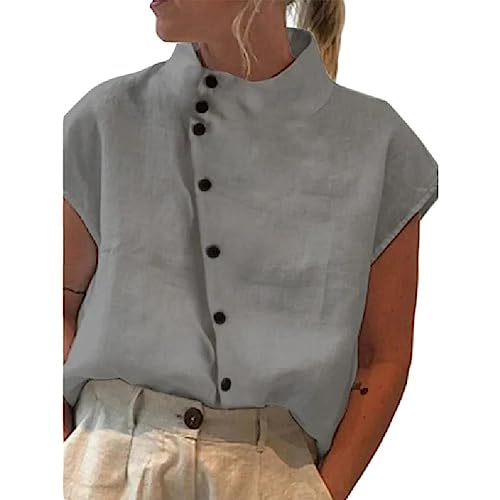Frauen Stehkragen Bluse Weibliche Kurze Ärmel Hemd Loose Fit Button-Down Shirt Tops Damen Baumwolle Leinen Hemd Bluse von Generic