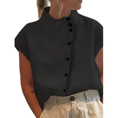 Frauen Stehkragen Bluse Weibliche Kurze Ärmel Hemd Loose Fit Button-Down Shirt Tops Damen Baumwolle Leinen Hemd Bluse von Generic