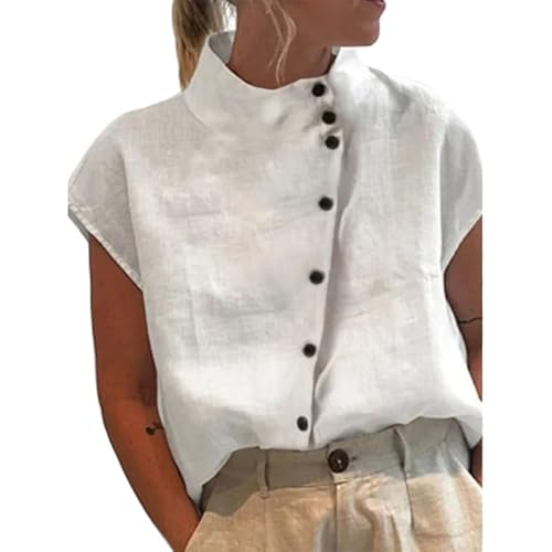 Frauen Stehkragen Bluse Weibliche Kurze Ärmel Hemd Loose Fit Button-Down Shirt Tops Damen Baumwolle Leinen Hemd Bluse von Generic