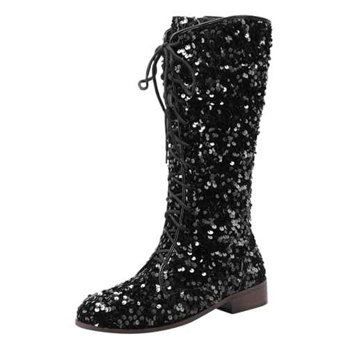 Frauen Stiefel Mittlere Waden Mode Pailletten Verzierung Niedrige Absätze Bequeme Schuhe Dämpfende Sohle Weiches Innenfutter Elegante Winter Stiefeletten Langlebiges Material Flexibel (Black, 41) von Generic