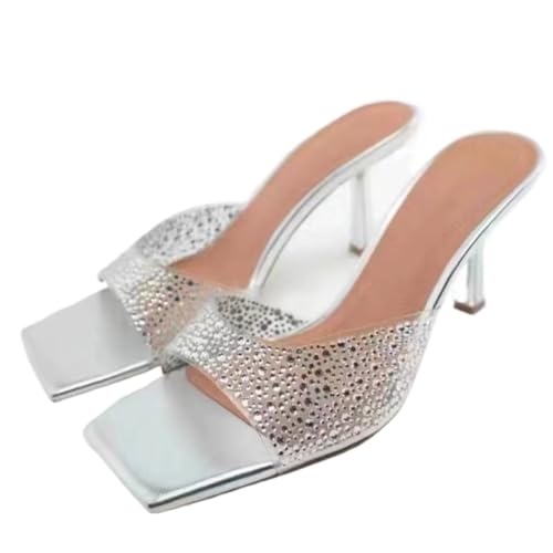 Frauen Strass Bequeme Slip On Sandalen Sexy Slingback Rückenlose Runde Rutschen Sandalen Für Party Hochzeit(Silver,37) von Generic