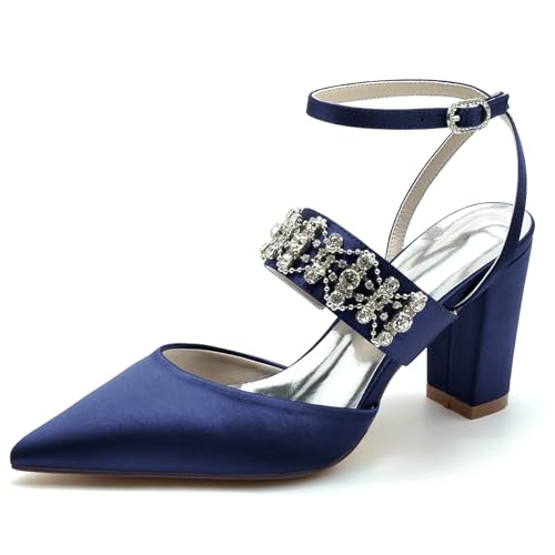 Frauen Strass High Heels Geschlossene Toe Braut Sandalen Stiletto Knöchel Strap Pointed Toe Ferse Brautkleid Schuhe,Dark Blue,43 EU von Generic