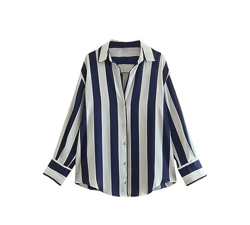 Frauen Streifen Satin Blusen Vintage Langarm Button-Up Shirts Tops Textur Droop, Blau, L von Rfmfkkg