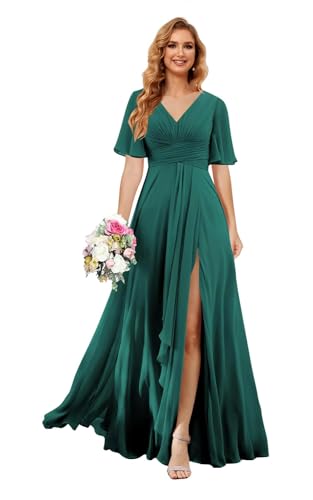 Frauen V-Ausschnitt Brautjungfernkleider Rüschenärmel Chiffon A-Linie Langes Kleid Formelles Ballkleid mit Schlitz Peacock 5XL von Generic