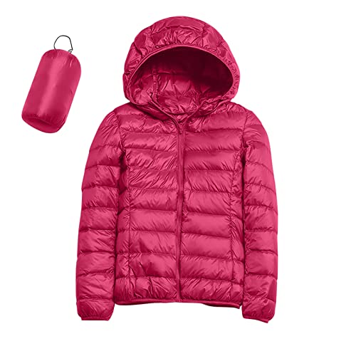 Frauen Warme Wasserdichte Leichte Jacke Mit Kapuze Winddichter Wintermantel Mit Recycelter Isolierung Winter Schlank Kurz Mit Kapuze Warme Weiße Entendaunenmantel Damen Steppjacke Leicht (Hot Pink, L) von Generic