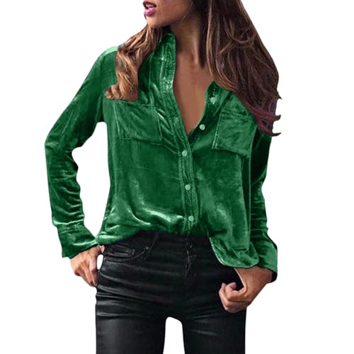 Frauen Winter Samt Bluse Langarm Solide Elegante Hemd Knopftasche Bluse Damen Elegant Lässige Hemd Top Bluse Button Down Samt Sexy Tops Hemd mit Tasche Weihnachtsbluse Damen (A002-Green, XXL) von Generic