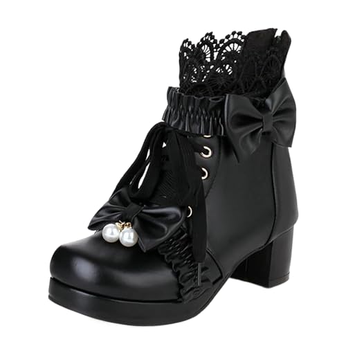 Frauen Winter Stiefel Kurze Vorne Schnüren Ankle Boots Einfarbig Lolita Schuhe für Alltag besondere Anlässe (Black, 42) von Generic