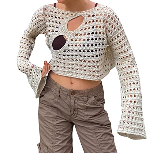 Frauen Y2K Crochet Crop Top Langarm Strick Color Block Top Square Neck Crochet Aushöhlen Pullover Pullover 90er Streetwear (Weiß, L) von Generic