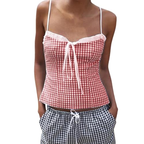 Frauen Y2K Plaid Tank Cami Top Tie-up Front Cami Tops ärmellos Square Neck Shirt Print Fitted Camisole Sommer Tank Tops (Red, S) von Generic