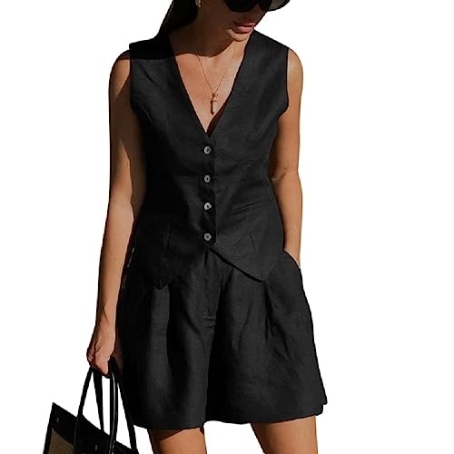 Frauen Zwei Stücke Outfits Breite Bein Shorts Und Ärmellose Weste Set Weiblichen Sommer Casual Anzug Damen Offene Weste Vorne von Generic