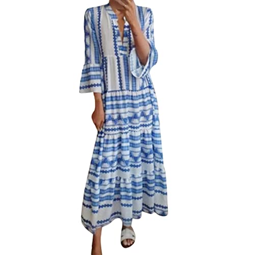 Frauen bedrucktes Maxikleid mit tiefem V-Ausschnitt, Langen Ärmeln und ausgestellten Ärmeln, Boho-Kleid Print Damen Kleid (Light Blue, L) von Generic