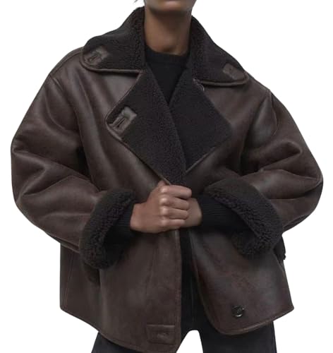 Frauen dicke Sherpa gefüttert Faux Wildleder Jacke Oversized Ledermantel Shearling Fleece Moto Jacke Biker Wintermantel (Braun,L) von Generic