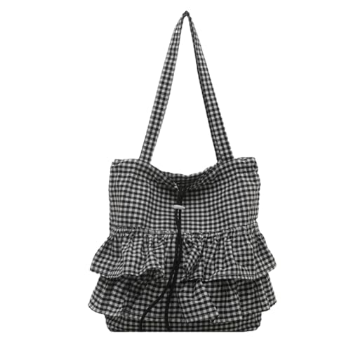 Frauen plaid Baumwolltasche Spitzenverkleidungsumhängende Umhängetasche Rüste Kordelzug Beutel (schwarz) von Generic