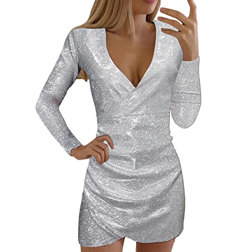 Frauen reizvolles Kleid Pailletten V-Ausschnitt sexy Lange Ärmeln Selbstkultivierungskleid schlank Kleid Silber Metallic Damen von Generic