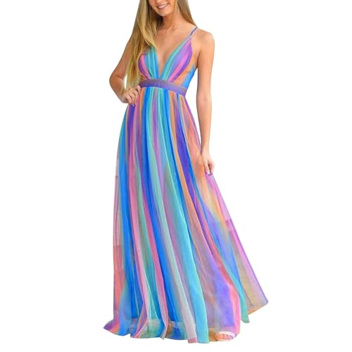 Frauen-reizvolles tiefes V-Regenbogen Kleid,Chiffon-Riemen regenbogenrock-Sommer-Strand-Party-Maxi-Kleider von Generic