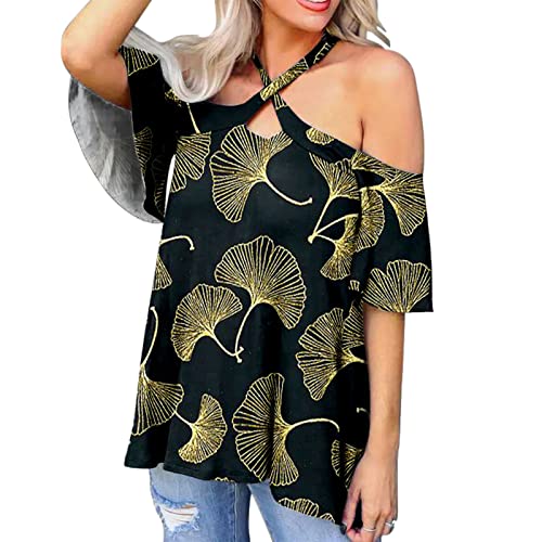 Frauen schulterfrei Langarm Tunika Tops Herbst Casual Leopard Print Sexy Bluse Riemchen Shirts Elegante Blusen (Gold, XL) von Generic