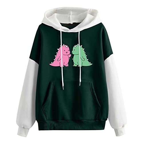 Hoodie Damen Sweatshirt mit Kapuze Japanischen Stil Kawaii Karikatur Kapuzenpullover Mädchen Herbst Winter Pullover Reisen Tägliche Langarm Dinosaurier Cute Casual Pulli Sports Oberteile (Green, L) von Generic