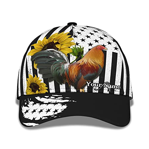 Freizeit Basecap Hahn Tier Bauer Gedruckt Personalisierte Name Text Mit Hahn Sonnenblumen Und Distressed Flagge Basecap Baumwolle Baseball Cap Freizeit Capatmungsaktive Mütze von Generic