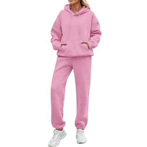 Freizeitanzug Damen,Jogging Damen Anzug Set,Damen Tracksuit Set Langarm Hoodie Jogger Rundhalsausschnitt Zweiteiliges Outfit Trainingsanzug Weich Baumwolle Hausanzug,Pink,S von Generic