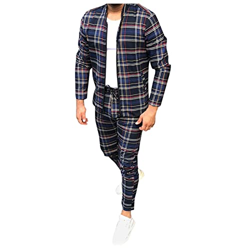 Freizeitanzug Herren Kariertes Hausanzug Jogginganzug Langarm Sportanzug Trainingsanzug Slim Fit Männer Reißverschluss Sweatjacke Sporthose Trainingshose Anzug Check Zweiteiler von Generic