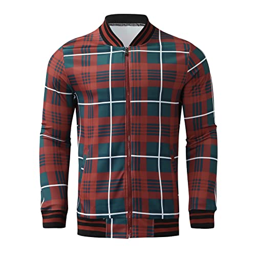Freizeitanzug Herren Kariertes Hausanzug Jogginganzug Langarm Sportanzug Trainingsanzug Slim Fit Männer Reißverschluss Sweatjacke Sporthose Trainingshose Anzug Check Zweiteiler (Red, M) von Generic