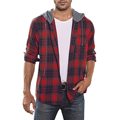 Freizeithemd Herren Kariertes Langarmhemd Hemd Hemdjacke mit Kapuze Kariert Langärm Lose Hemden Männer asual Flanellhemden Western Karohemd Regular Fit Shirt mit Button-down-Kragen Celucke von Generic