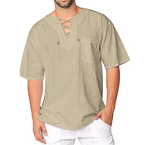 Freizeithemden für Herren Leinenhemd Langarm Strand Hemd Lässige V-Ausschnitt Sommerhemd T-Shirts Männer Baumwolle Leinenhemden (Beige,XL), 02-khaki, Genericshirt44718 von Generic