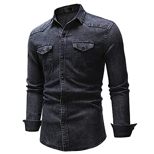 Freizeithemden für Herren Regular Fit Hemd Langarm Jeanshemd Denim Shirt Freizeithemden Herrenhemden Langarmhemd Cowboy-Style Bügelfrei Regular Fit Hemd Regular Businesshemd Dunkelgrau L von Generic