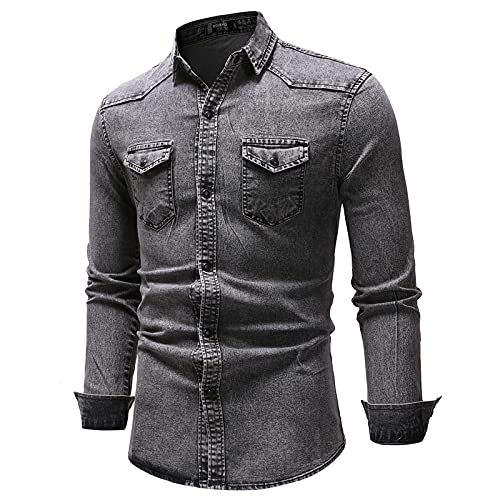 Freizeithemden für Herren Regular Fit Hemd Langarm Jeanshemd Denim Shirt Freizeithemden Herrenhemden Langarmhemd Cowboy-Style Bügelfrei Regular Fit Hemd Regular Businesshemd Grey 3XL von Generic