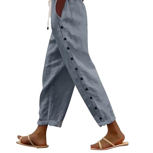 Freizeithose Damen,Leichte Sommerhose Damen,Damen Sommer Leicht Sporthose Baumwolle Leinen Stoffhose Lockere Einfarbig Sommerhose Lässig High Waist Strandhose mit Taschen,grau,S von Generic