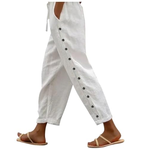 Freizeithose Damen,Leinenhose Damen 7/8,Leinenhosen Damen Sommer 2025 Gestreift Lässig Elastisch Hohe Taille Gerades Bein Locker Boho Trendy Hose mit Taschen,Weiß,L von Generic