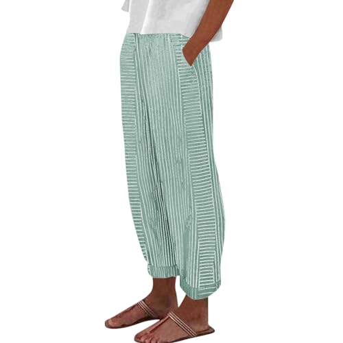 Freizeithose Damen,Leinenhose Damen Hose Sommer Leicht Strand Freizeit Hose Lang Locker Sommerhose Casual Gerades Bein Bequeme Stoffhose Luftig Sporthose mit Kordelzug und Taschen,Grün,S von Generic