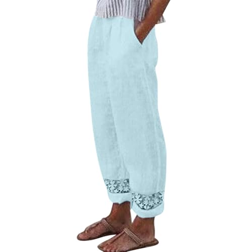 Freizeithose Damen,Sommerhose Damen Leicht,Sommer Leinenhose,Luftig Sommerhosen,High Waist Linen Pants,Elegant Stoffhose,Lockere Hosen mit Tunnelzug und Taschen,blau,XL von Generic