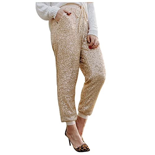 Freizeithose Damen Glitzer Pailletten Hosen Hohe Taille Dehnbar Hip Hop Club Glänzende Hose Elegant Jogginghose Party Club Kostüm mit Drawstring Baggy Paillettenhose für Frühling (Beige, S) von Generic