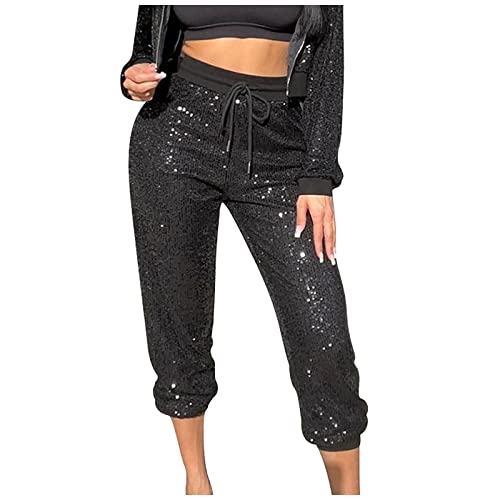 Freizeithose Damen Glitzer Pailletten Hosen Hohe Taille Dehnbar Hip Hop Club Glänzende Hose Elegant Jogginghose Party Club Kostüm mit Drawstring Baggy Paillettenhose für Frühling (Schwarz, L) von Generic