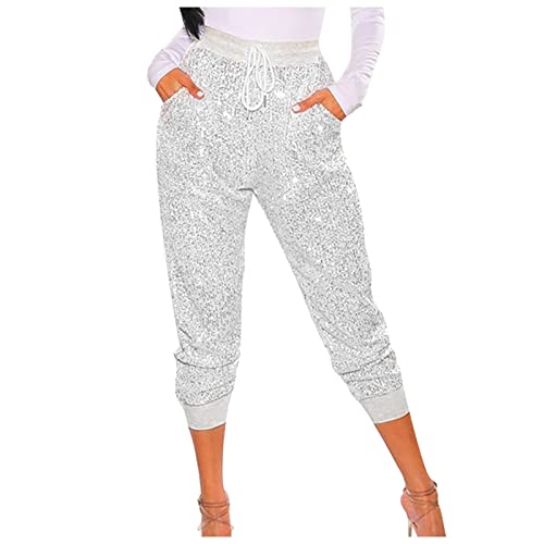 Freizeithose Damen Glitzer Pailletten Hosen Hohe Taille Dehnbar Hip Hop Club Glänzende Hose Elegant Jogginghose Party Club Kostüm mit Drawstring Baggy Paillettenhose für Frühling (Weiß, L) von Generic