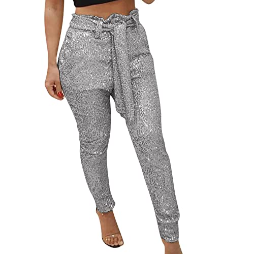 Freizeithose Damen Glitzer Pailletten Hosen Hohe Taille Dehnbar Hip Hop Club Glänzende Hose Elegant Jogginghose Party Club Kostüm mit Drawstring Baggy Paillettenhose für Frühling von Generic