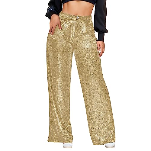 Freizeithose Damen Glitzer Pailletten Hosen Hohe Taille Dehnbar Hip Hop Club Glänzende Hose Elegant Jogginghose Party Club Kostüm mit Drawstring Baggy Paillettenhose für Frühling von Generic