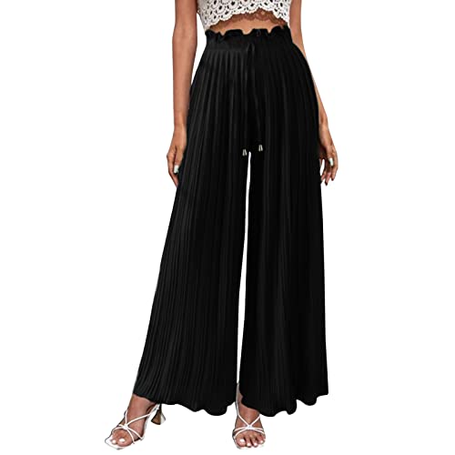 Freizeithose Damen Klassische Einfarbig Weitem Bein Sommerhose Hosen Loose Fit Plissee Gerade Hosen mit Gürtel Bund Freizeithosen Hohe Taille Sweathose Pumphose(B Schwarz,L) von Generic