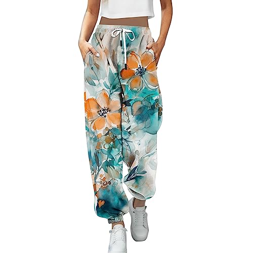 Freizeithose Damen Lang Trainingshosen Blumen Drucken Sport Jogginghose Yogahose High Waist Lässige Loose Sweathose Stretch Trousers Gym Workout Laufhose Sweatpant mit Taschen von Generic