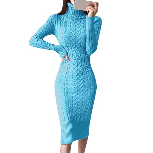 Freizeitkleid Damen Elegant Lang Strickkleid Rollkragen Pulloverkleid mit Zopfmuster Winterkleid A Linie Strickpullover Kleid Pullikleid Slim Fit Sweatkleid Dress von Generic