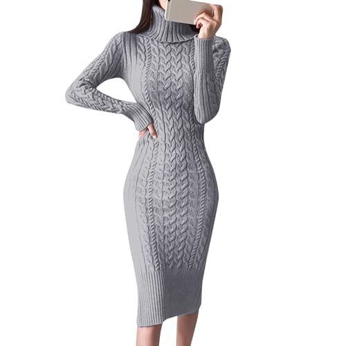 Freizeitkleid Damen Elegant Lang Strickkleid Rollkragen Pulloverkleid mit Zopfmuster Winterkleid A Linie Strickpullover Kleid Pullikleid Slim Fit Sweatkleid Dress von Generic