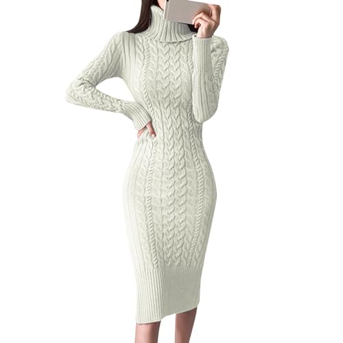 Freizeitkleid Damen Elegant Lang Strickkleid Rollkragen Pulloverkleid mit Zopfmuster Winterkleid A Linie Strickpullover Kleid Pullikleid Slim Fit Sweatkleid Dress von Generic
