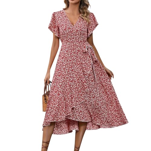 Freizeitkleider Damen Sommer, Sommerkleid Damen Elegant Lang V Ausschnitt Leicht Schlitz Hohe Taille Blumen Wrap Kleid Freizeitkleid mit Rüschen Kurzärm für Urlaub XXL A Red von Generic