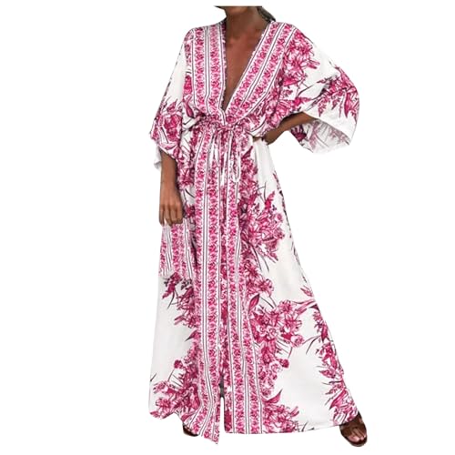 Freizeitkleider Kleid Kurz Damen Elegant Frauen Plus Größe Druck tägliche Freizeit Ärmellos V-Ausschnitt Maxi-Kleidung einem Bohemian V-Ausschnitt Kleider Freizeit Sommerkleid Lang (Hot Pink-B, M) von Generic