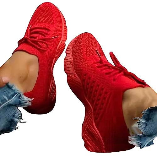 Freizeitschuhe Damen Sommer Mesh Sneaker Damen Rot Laufschuhe Modisch Klobige Schuhe Heben Höhere Trainingsschuhe Atmungsaktiv Stoffschuhe Einfarbig Schnürschuhe Outdoor Fahrradschuhe Weich Rutschfest von Generic