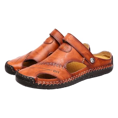 Freizeitschuhe Herren Sportlich Schwarz: Leder Sandalen Herren Braun Strandsandalen Massagefussbett Freizeitsandalen Einfarbig Pantoffeln Mit Verstellbaren Fersenriemen Flachesandalen Außenfaden von Generic