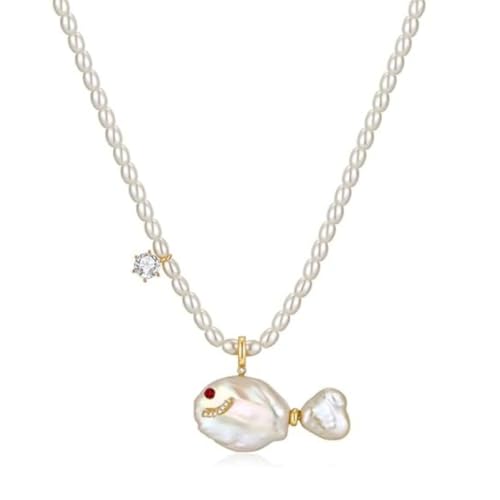Freshwater Baroque Pearl Goldfish Necklace - Cute Irregular Fish Pendant with Cubic Zirconia, Summer Beach Ocean Jewelry, Anniversary/Birthday Gift for Her (Mid-fishtail) von Generic